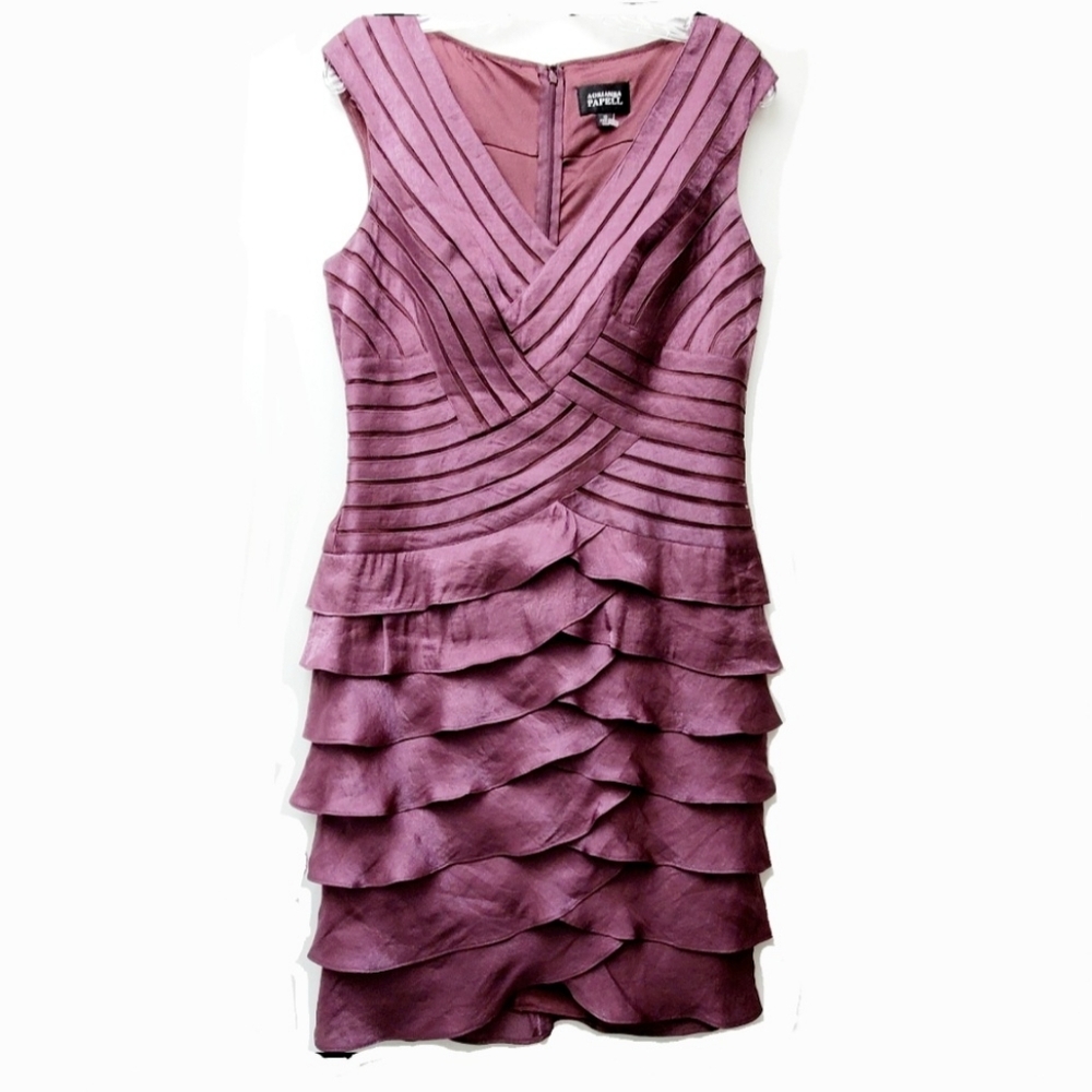 Adrianna Papell Mauve Shutter Pleat Vneck Tiered Dress Size 12 Special Occassion